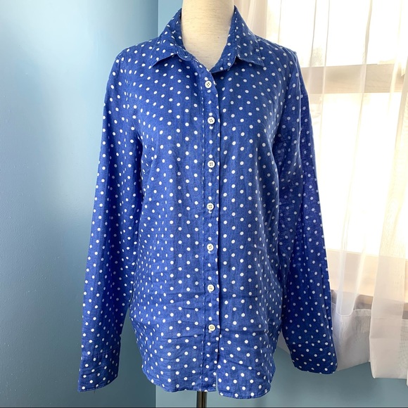 J. Crew Blue Linen Perfect Button Down with White Polka Dots - Picture 6 of 8